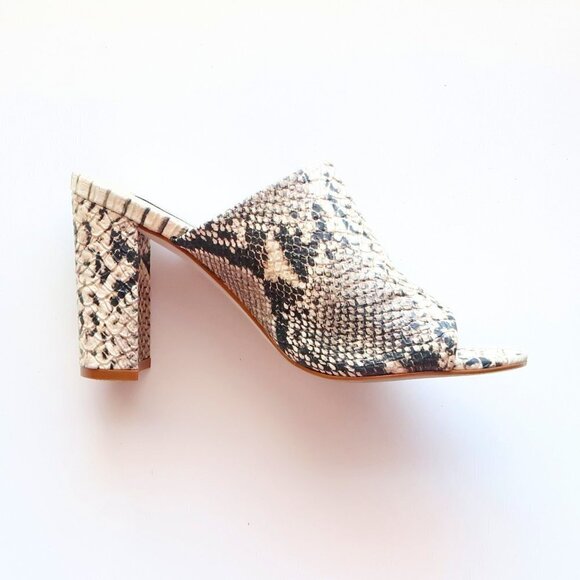 Steve Madden Cream & Black Esmeralda Snakeskin Peep Toe Mules / Slip On Sandals - Picture 10 of 16